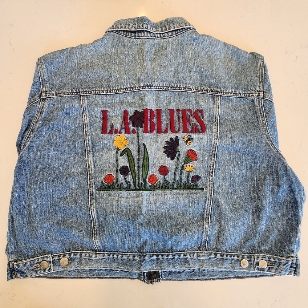 LA Blues Denim Blue Jean Jacket Floral Embroidered Motif Logo Women's Size 22/24